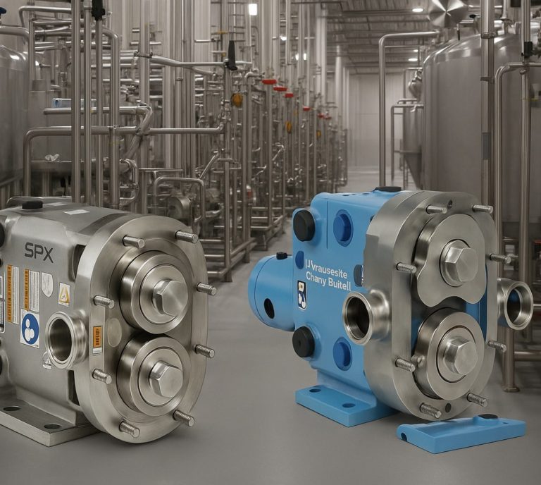 Two industrial pumps in a factory setting with metal piping in the background.